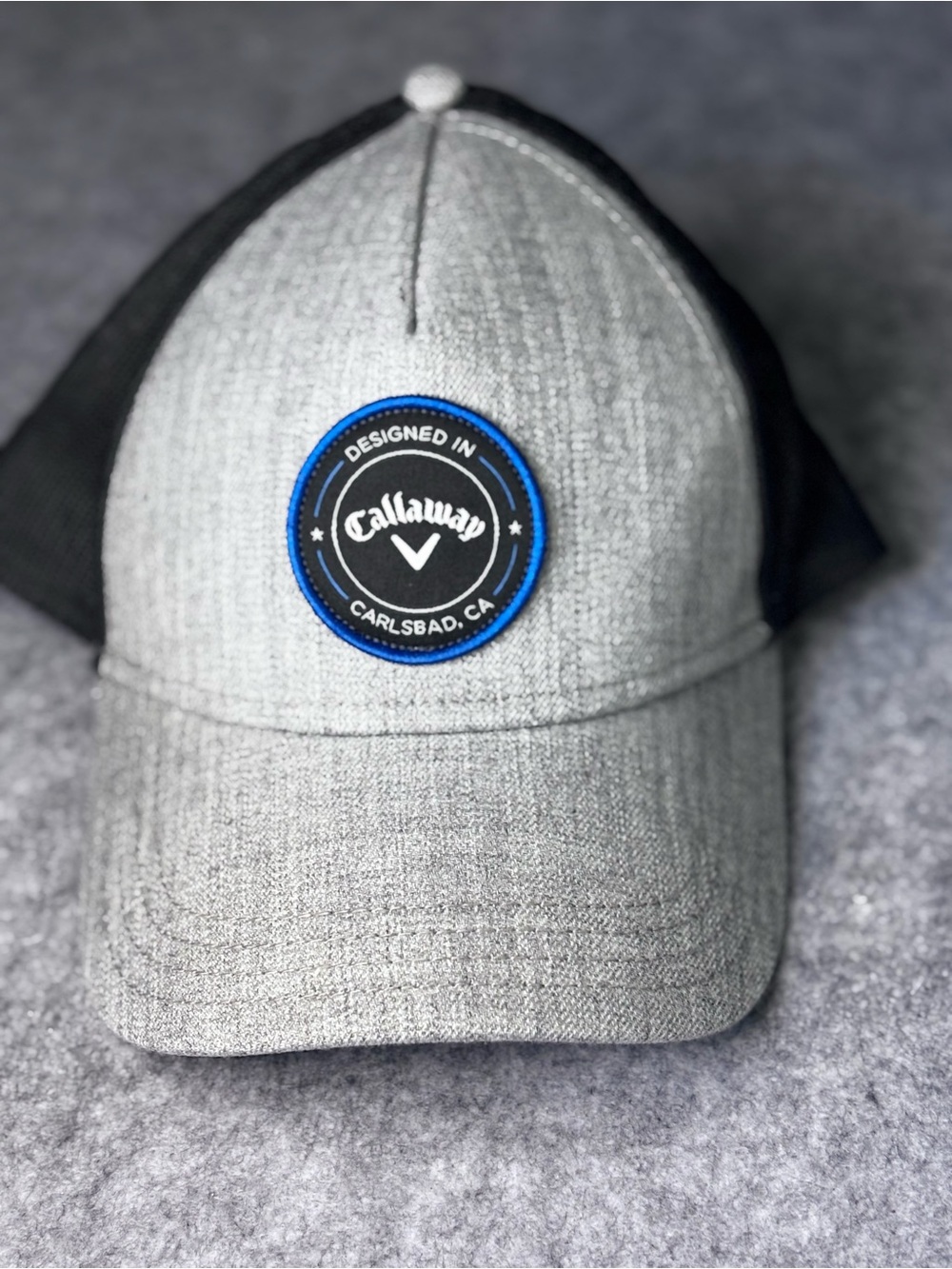 Callaway Grey and Black Patch Trucker Cap with Blue Trim